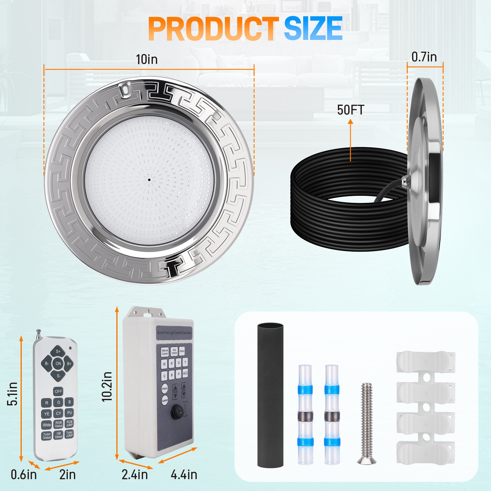 10Inch LED Pool Light for Inground Pool w/Controller 50W RGB Swimming Pool Light