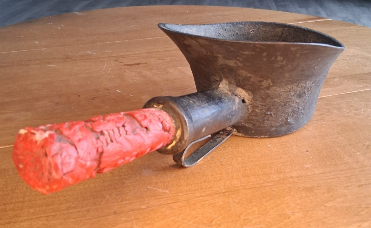 Antique 12" Big Chinese Bronze Silk Iron w/ Carved Cinnabar Handle, Hole Shown