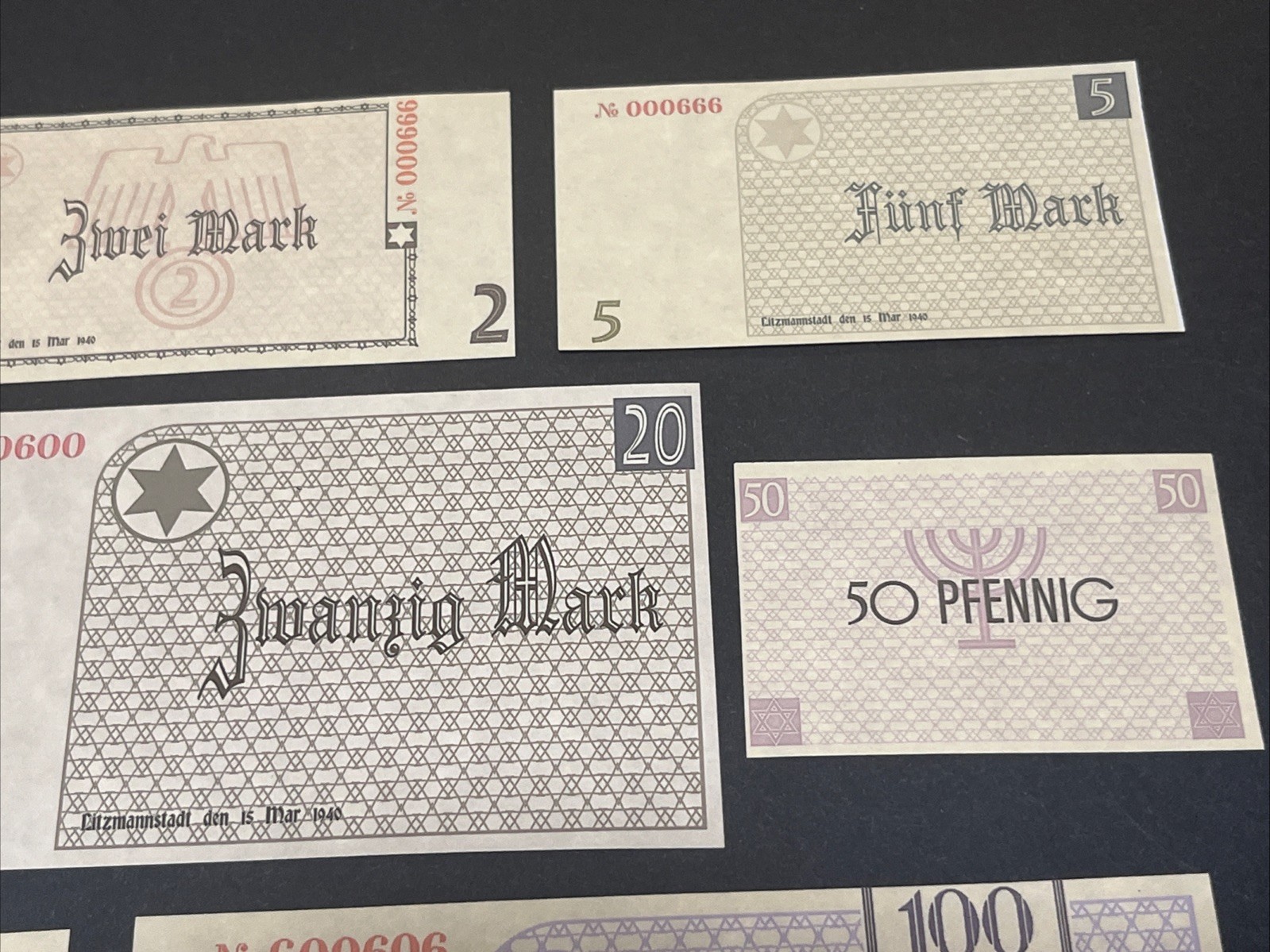WWII WW2 German Third Reich Jewish Lodz Concentration Camp Banknote Set Notes