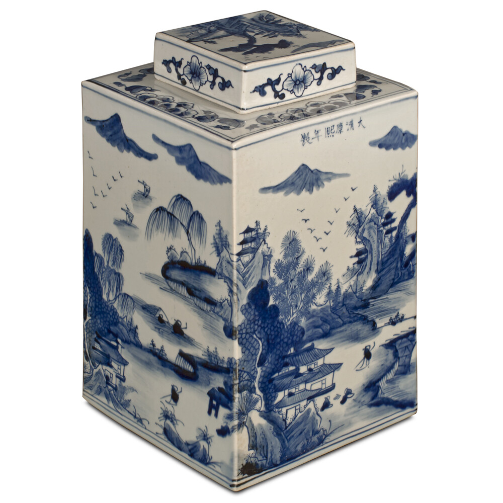 US Seller - Blue and White Porcelain Scenery Chinese Tea Jar