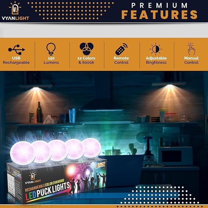 VYANLIGHT LED Puck Lights 16 Colors w/ Remote - Rechargeable Under Cabinet