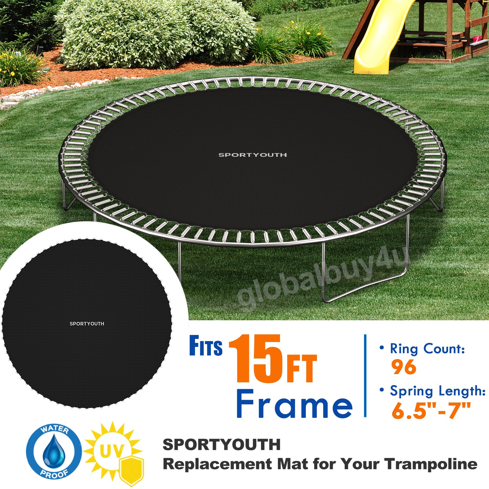 Round Replacement Trampoline Mat Fits 15ft Frame 96 Rings w/ 6.5"-7" Spring Tool