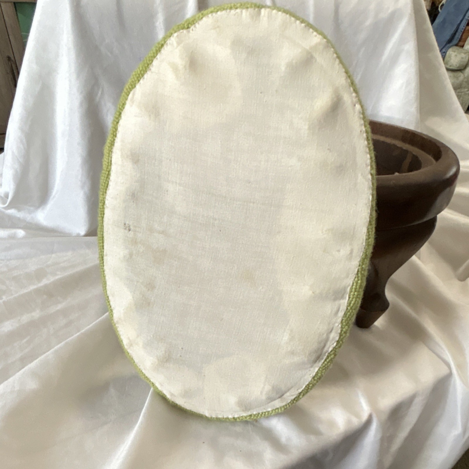 Antique Oval Wooden Footstool Floral Needlepoint Removable Top