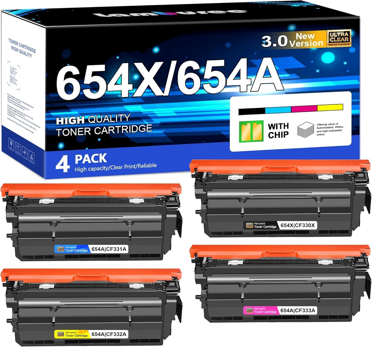 654X TONER CARTRIDGES 4 PACK HIGH YIELD REPLACEMENT FOR HP 654X 654A HP LASERJET