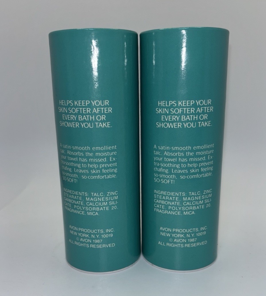 2 Vintage Avon SKIN SO SOFT 3 oz Satin Perfumed Talc Powder Blue / White NOS