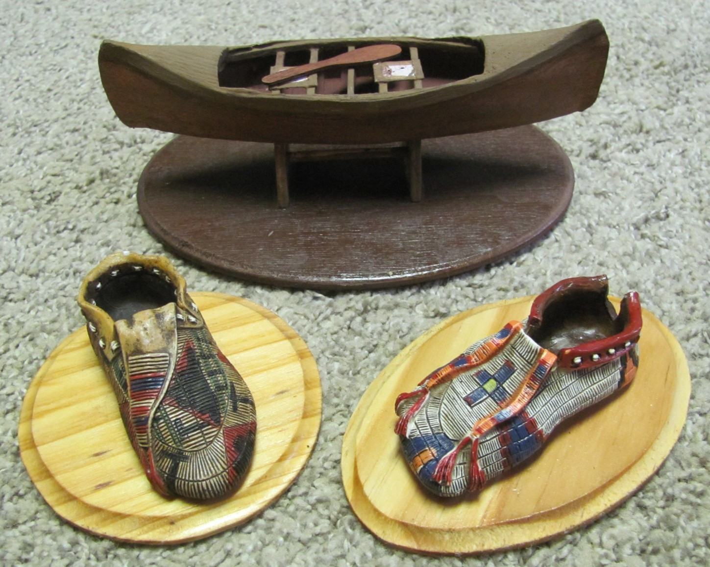 Beautiful Wood Carved Canoe and (2) Native American Moccasins