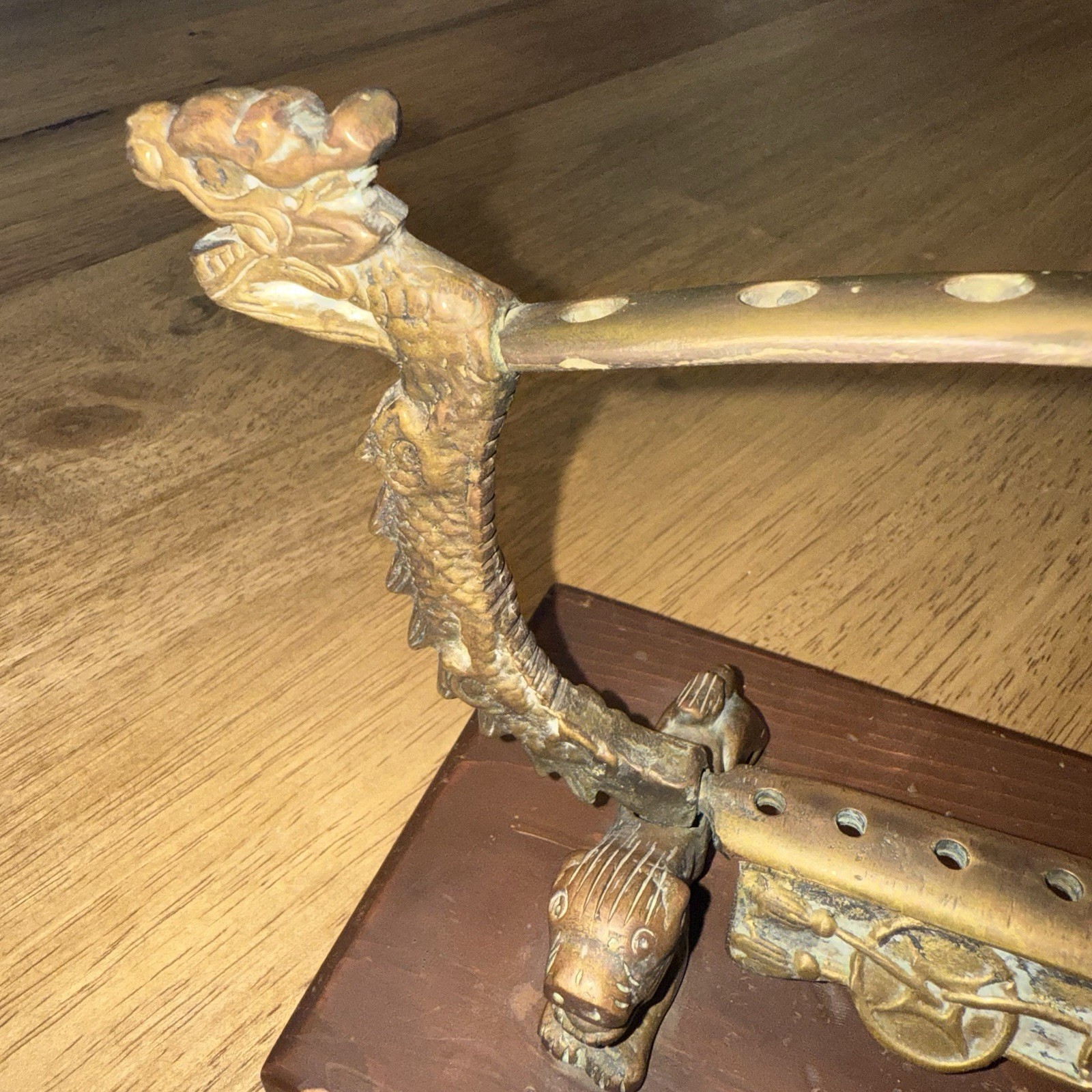 Vtg Chinese Metal Dragon Incense Burner Stand Wood Base Ornate Mythical Motif