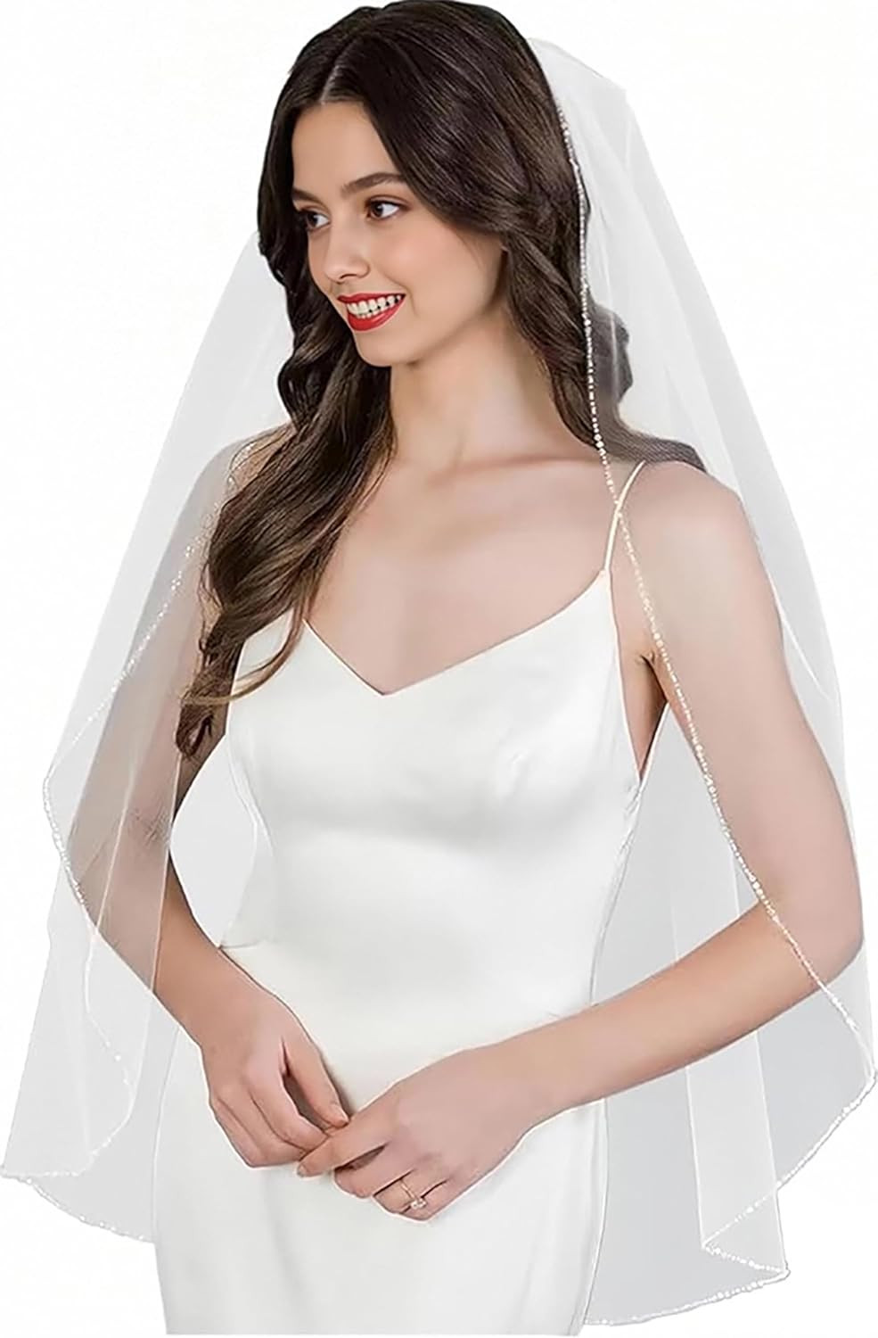 Bridal Veil Pearl Beaded Edge Fingertip Length Wedding Veil for Women White 3...