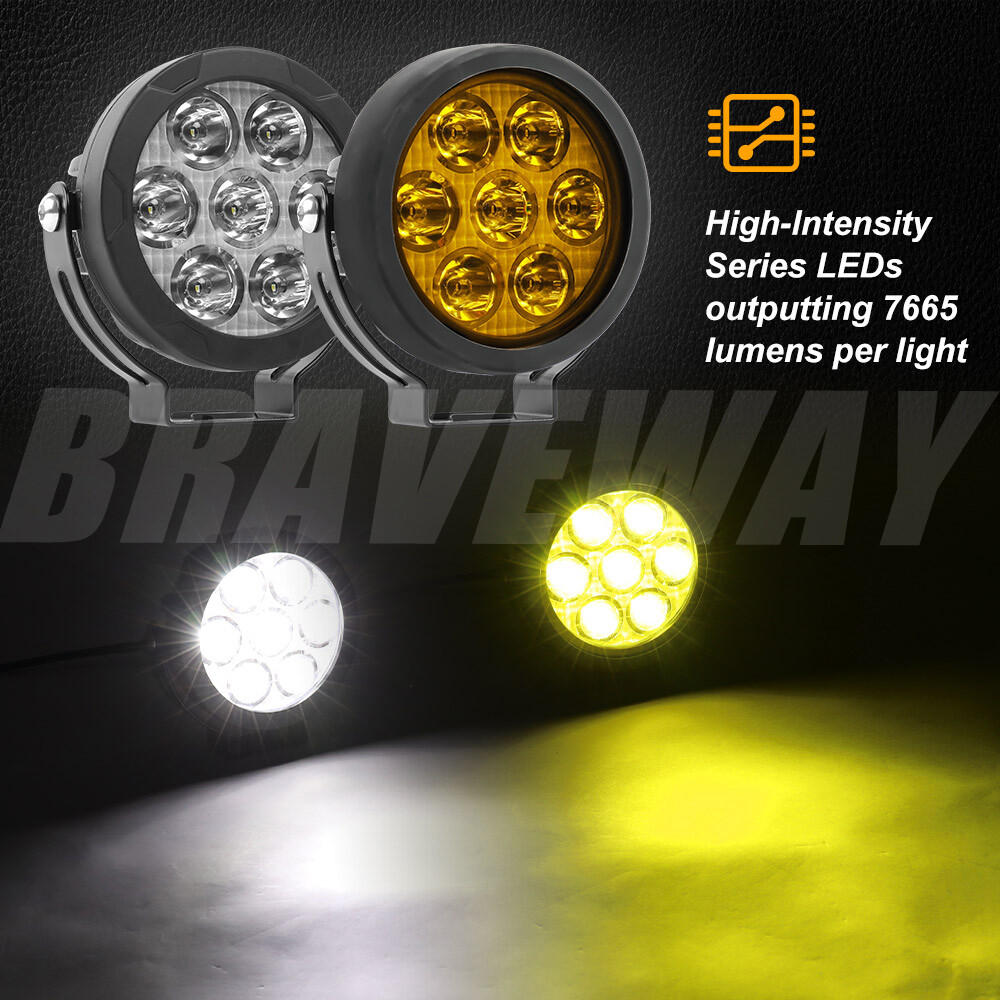 Pair Yellow White Motorcycle LED Spot Light Auxiliary Headlight Fog Driving Lamp