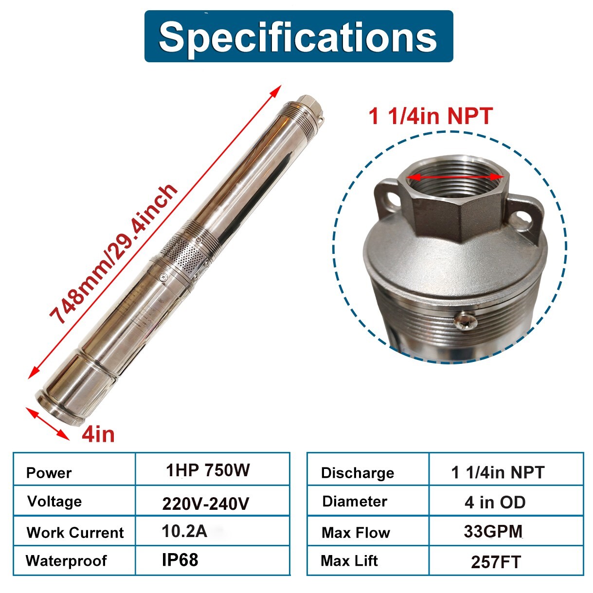 1HP 4" Deep Well Submersible Pump 220V 33GPM 257FT Max 50FT Cord Stainless Steel