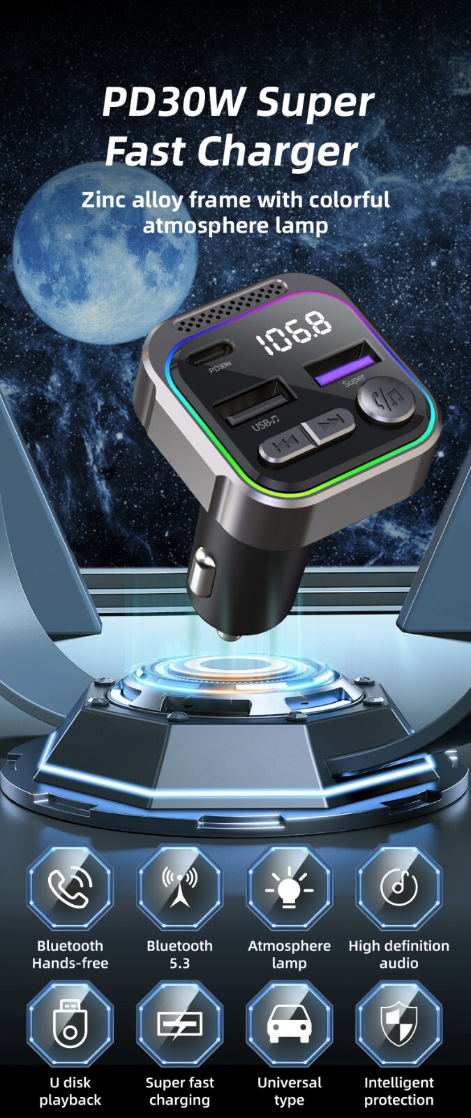 Car Bluetooth Transmitter & 30W Car charger dual port C & USB