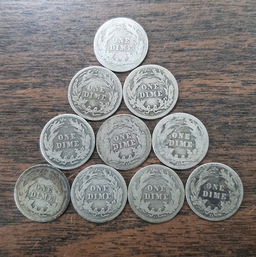 Lot Of 10 Barber Dimes - Various Dates & Mints - 90% Silver