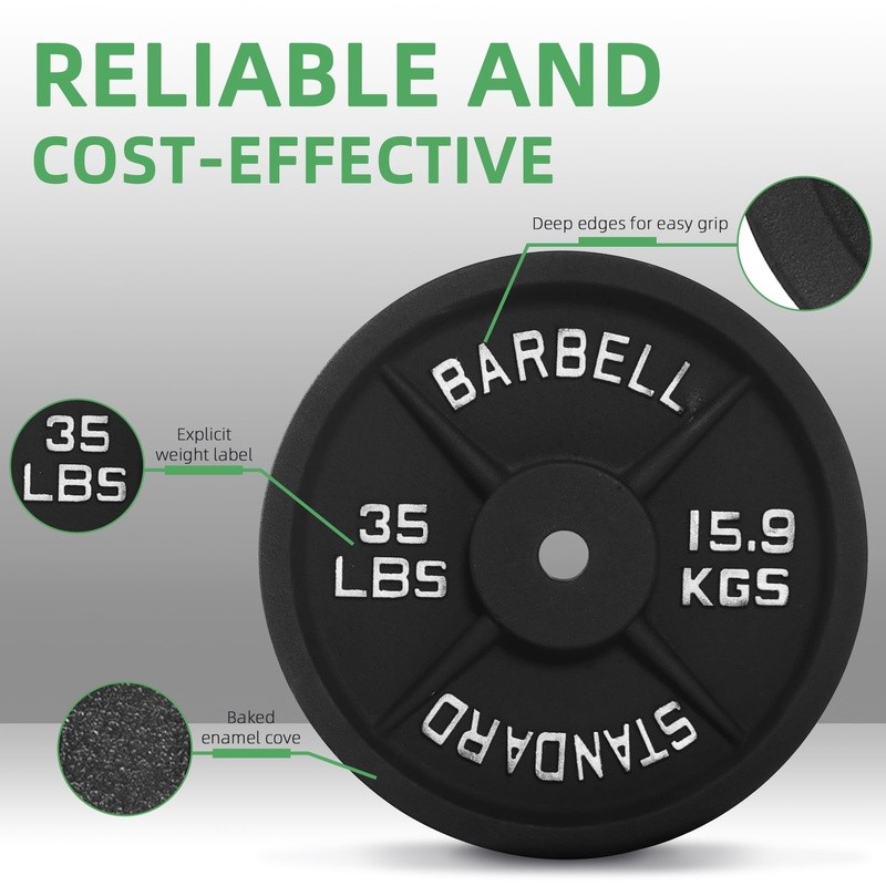 Classic Cast Iron Weight Plates 35lb Standard Olympic Strength Training Fitness