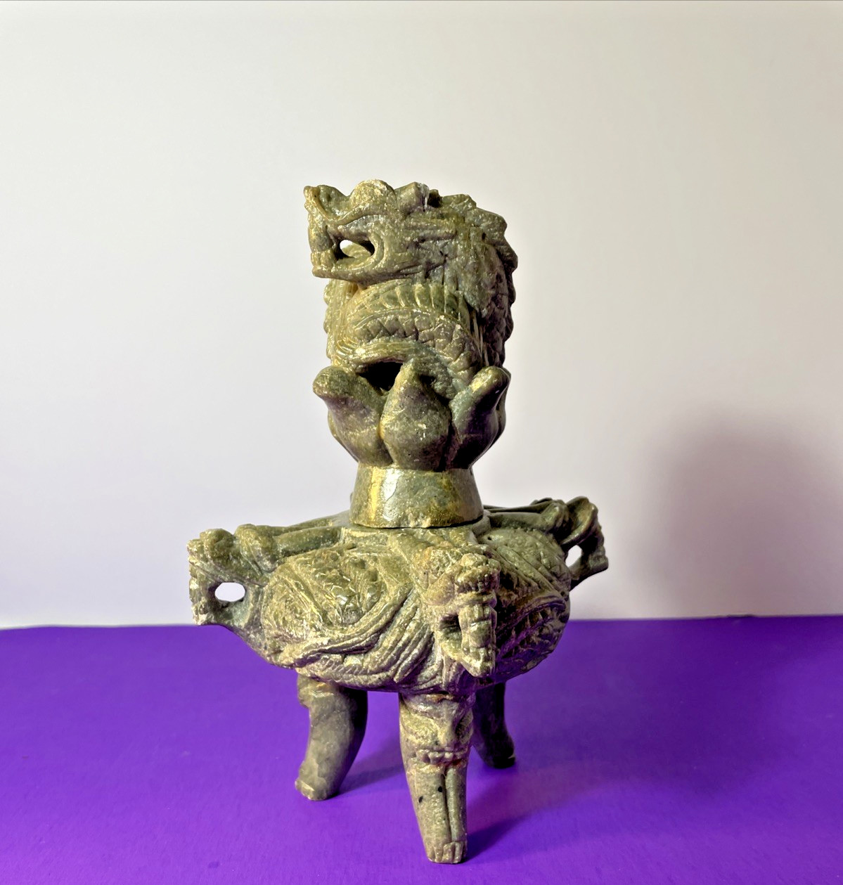 Chinese Stone TRIPOD Jar Lidded Dragon Lion Carved Two Piece Incense Burner