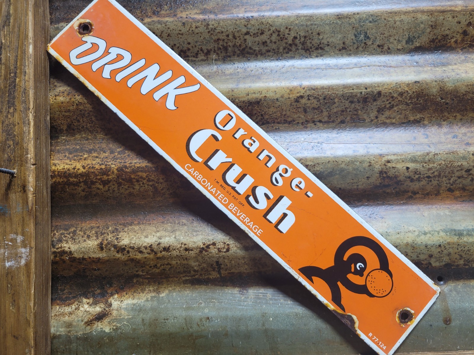 VINTAGE ORANGE CRUSH PORCELAIN SIGN ICE COLD COLA BEVERAGE SODA DRINK POP CRUSHY