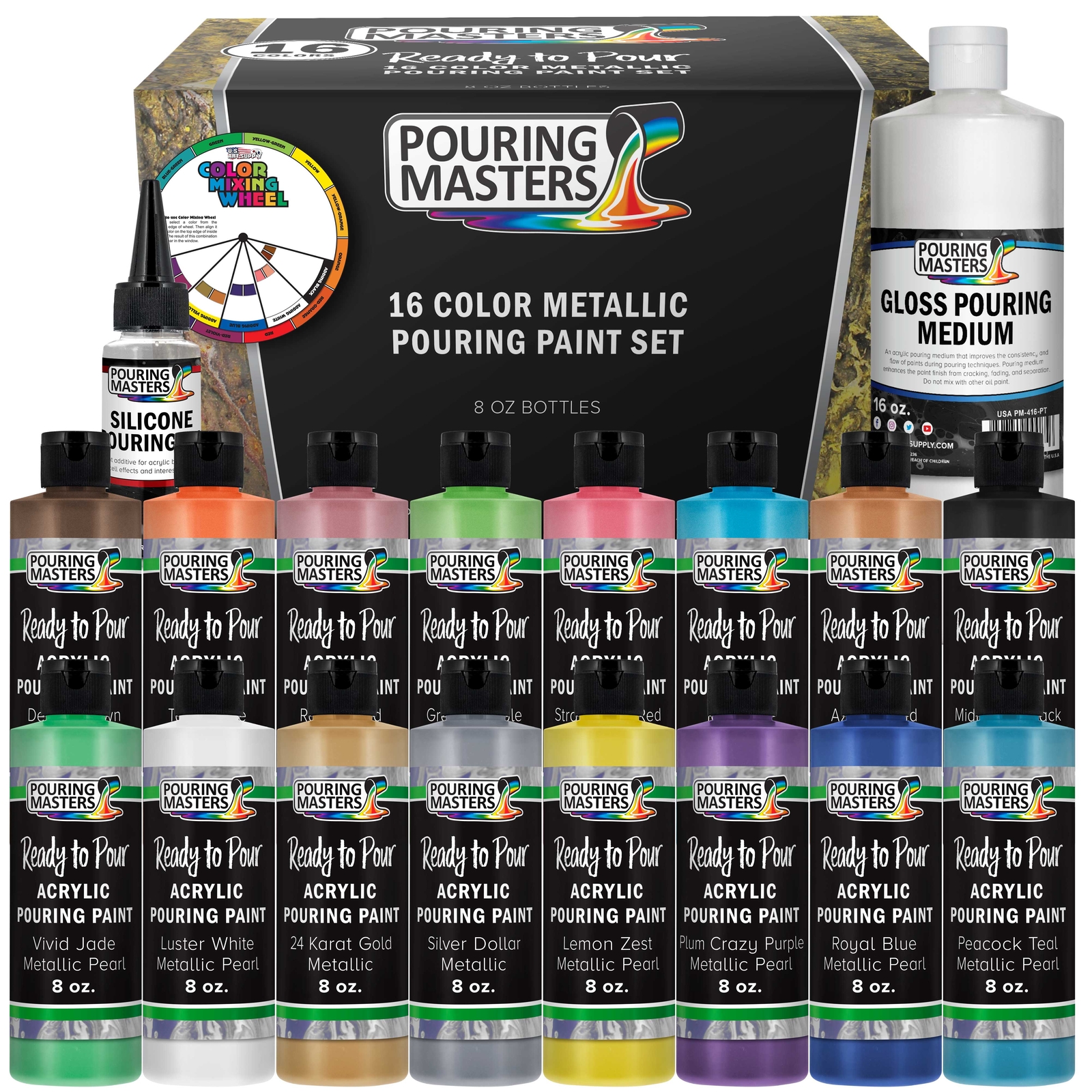 16-Color Ready to Pour Acrylic Metallic Pouring Paint Set, Silicone Oil & Gloss
