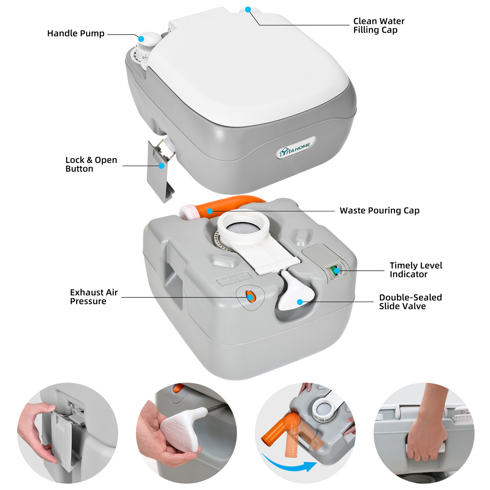 Camping Portable Toilet 5.8 GAL 22 L T-type Water Outlets Caravan Commode Potty