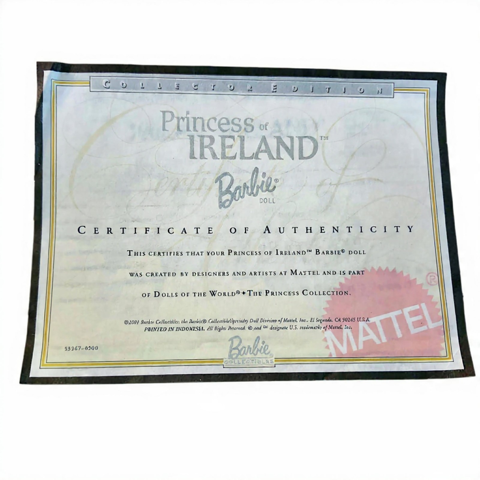 COA Certificate of Authenticity Barbie Fashion Doll Princess of Ireland DOTW