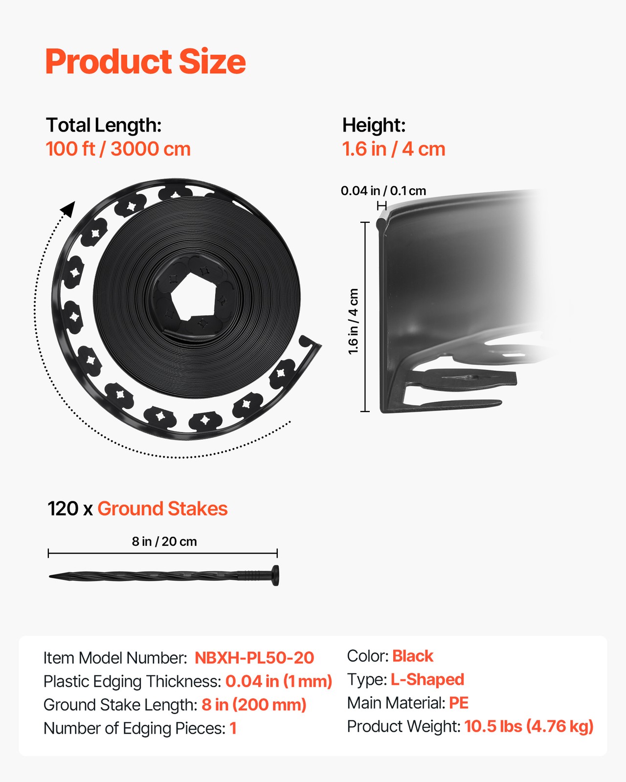 VEVOR Landscape Edging 100 ft x 1.5 in L-Shaped Plastic Garden Border No Dig