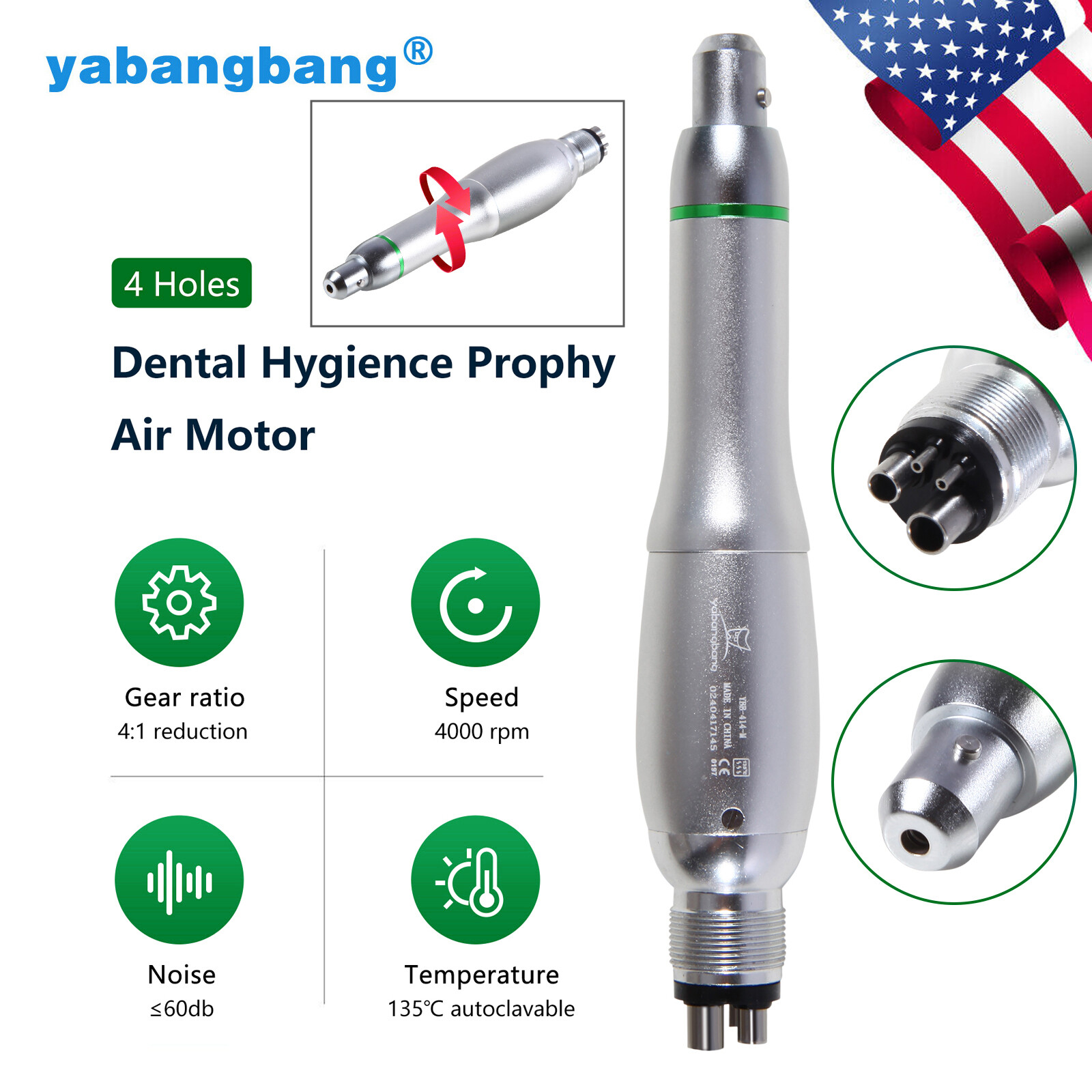 Dental Hygiene Prophy Handpiece Air Motor 4Holes 4:1 Nose Cone 360° Swivel USA
