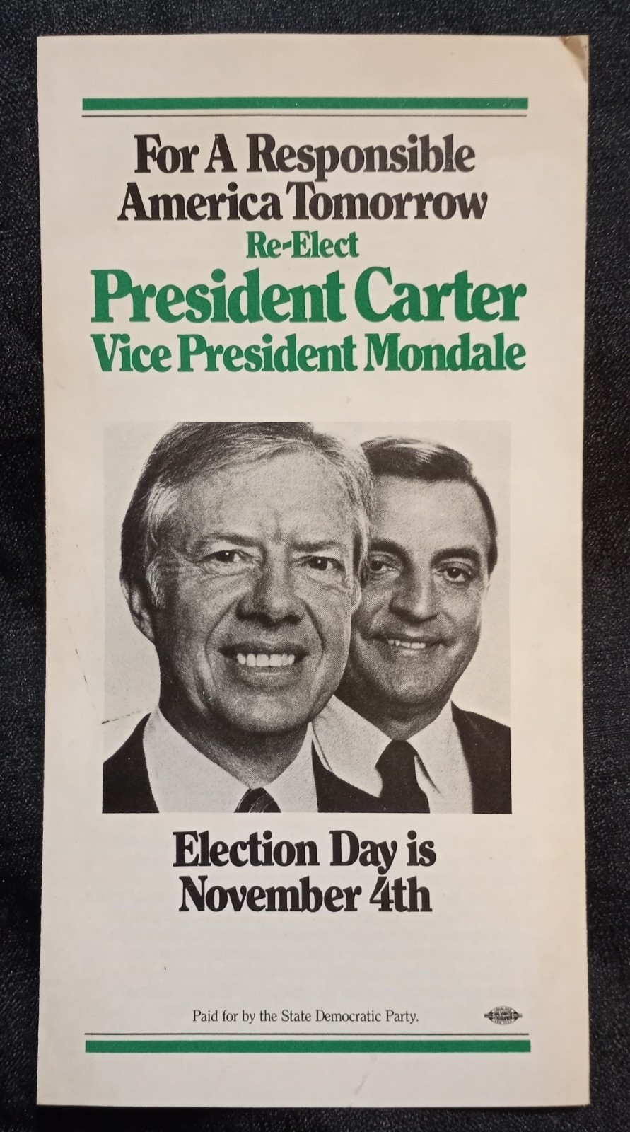 Vintage 1981 Re-Elect Carter Mondale Campaign Brochure, Bumper Sticker, Pin Back