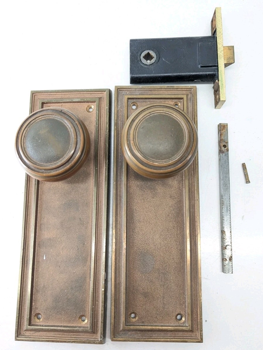 Heavy Brass 1920s Art Deco Corbin Set Door Knobs, Plates, Mortise MORE AVAILABLE