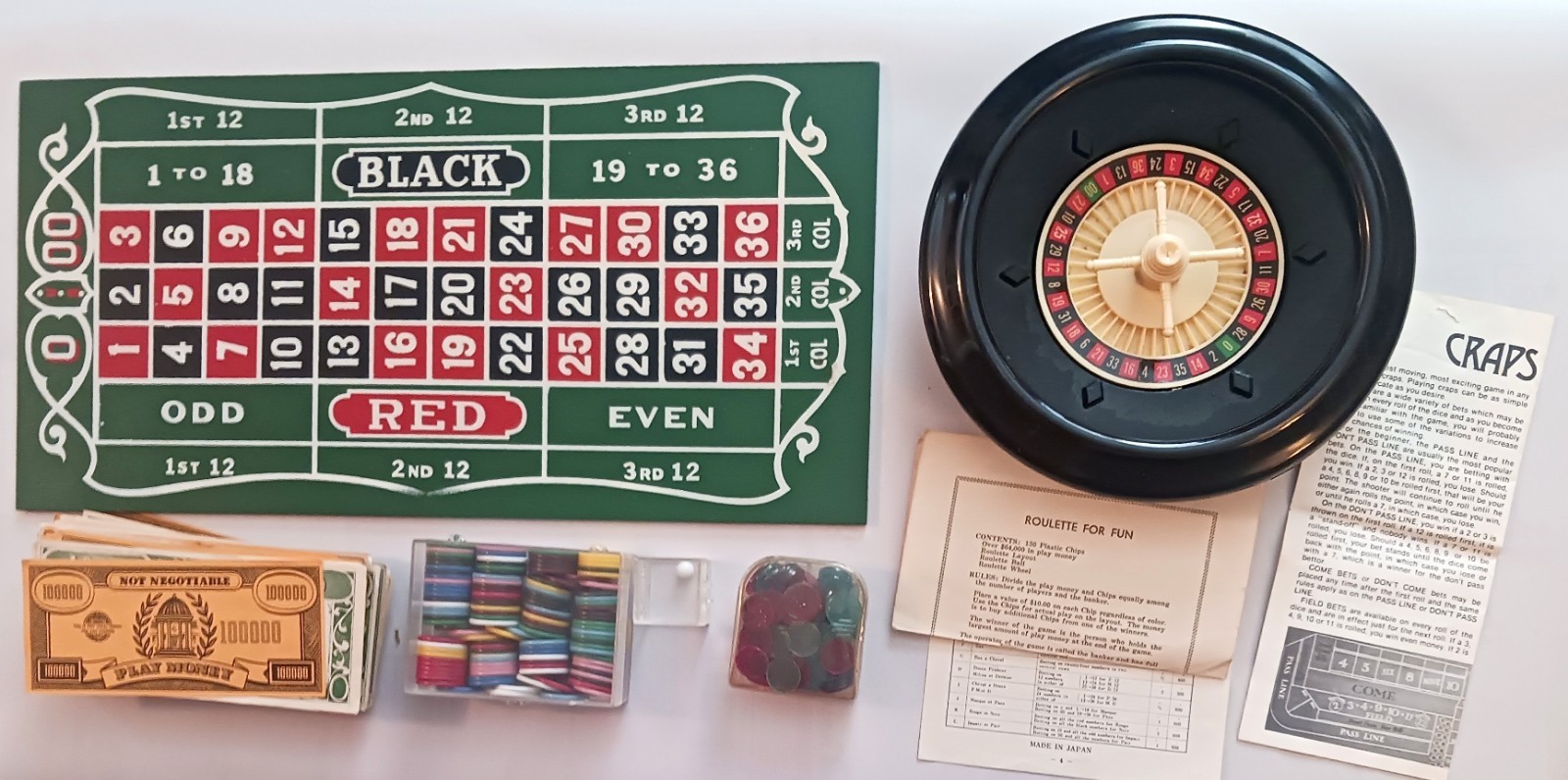 Vintage Roulette For Fun Made in Japan Game Drueke  Wheel Ball Chips Money