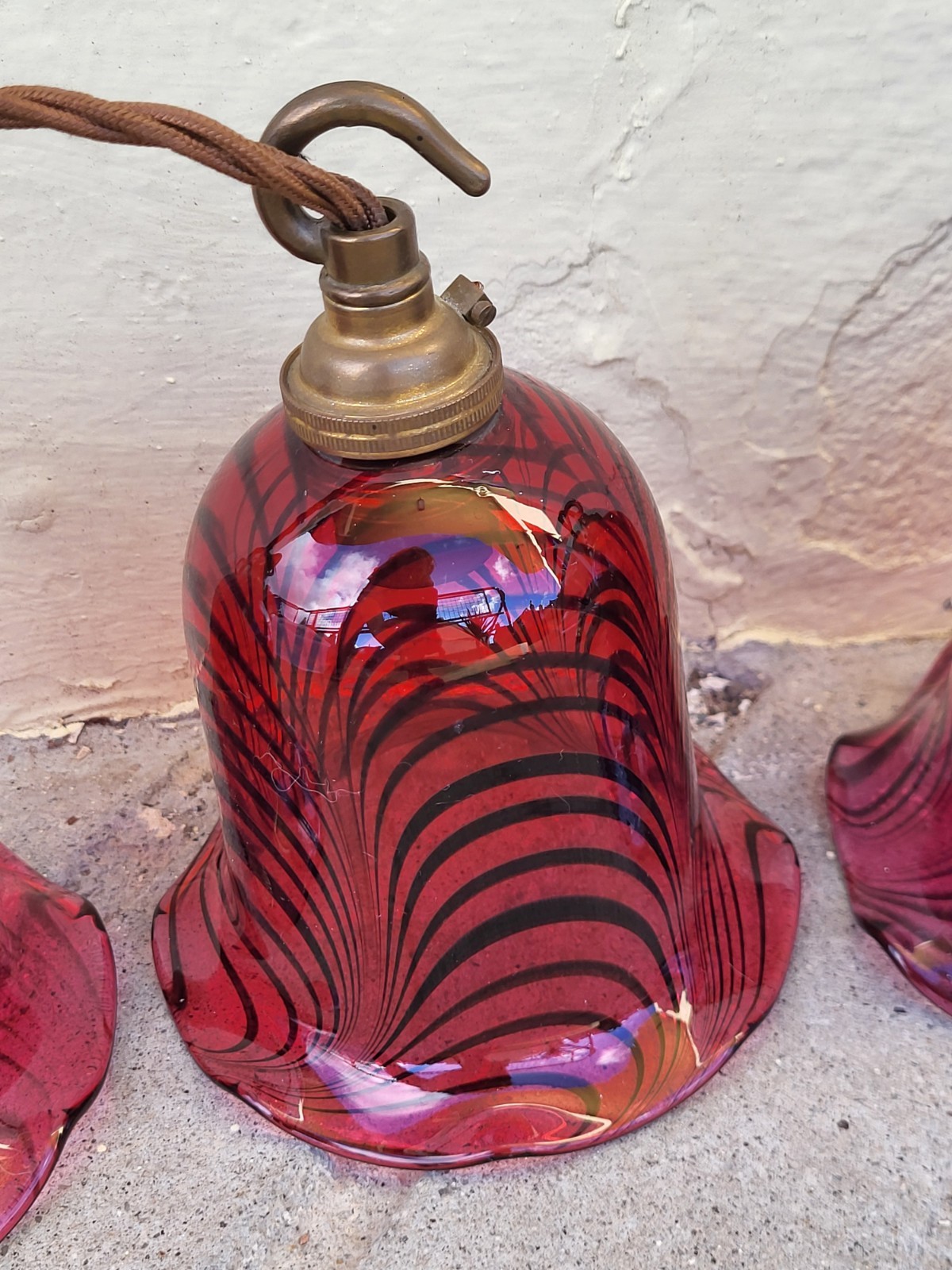 Set Of 4 Vintage Cranberry Swirl Glass Pendant Lamps, Ceiling Roses, Chains