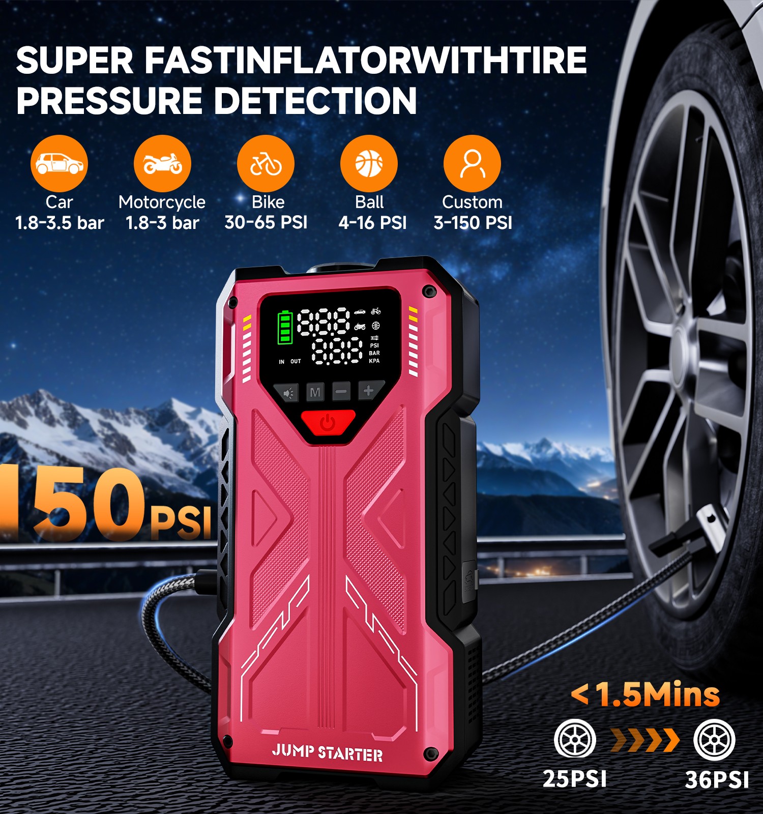 6000A Car Jump Starter with Air Compressor Combo Portable Jump Box Bank Battery
