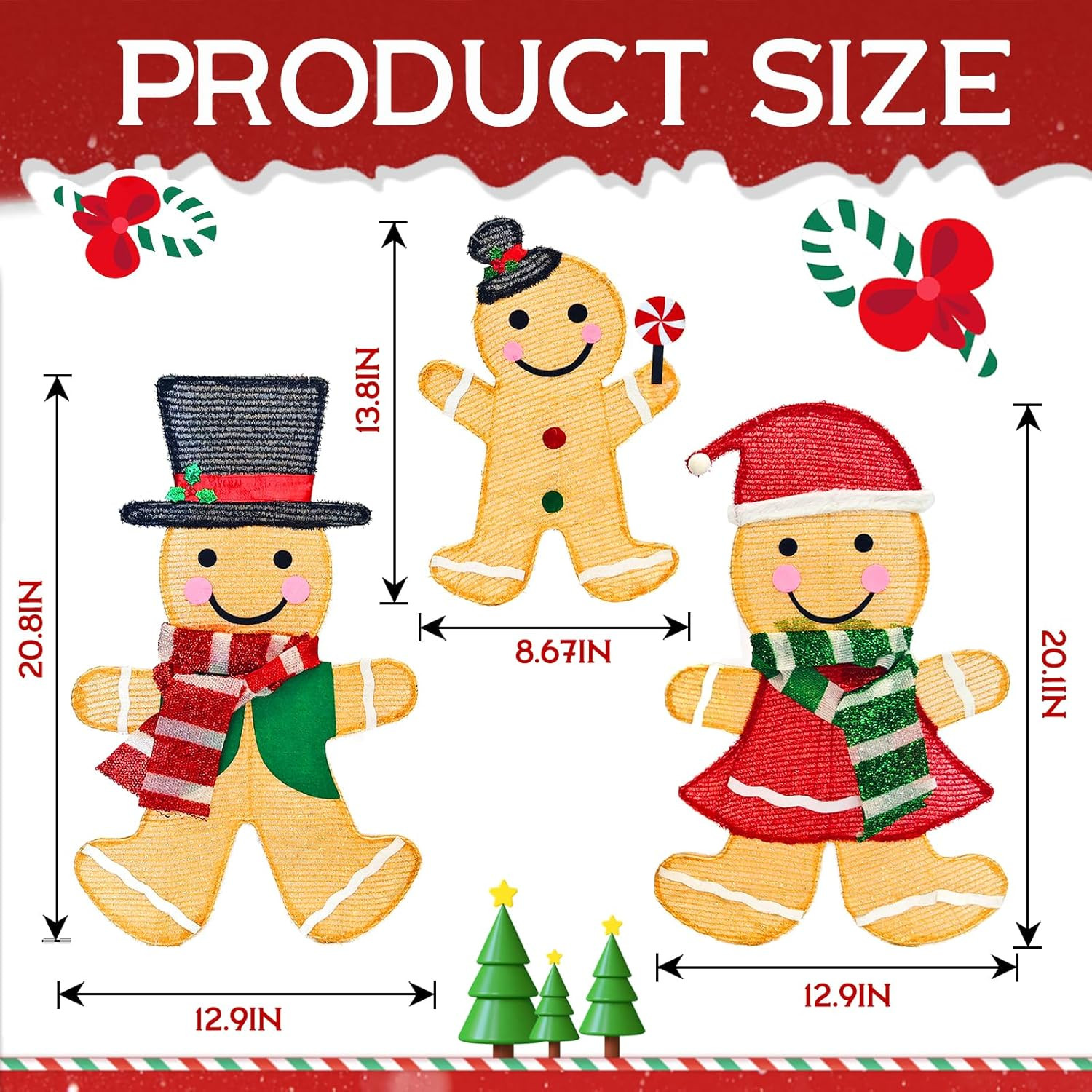 Light up Gingerbread Man Christmas Decorations Outdoor, 53 Leds Set of 3 Lawn Or