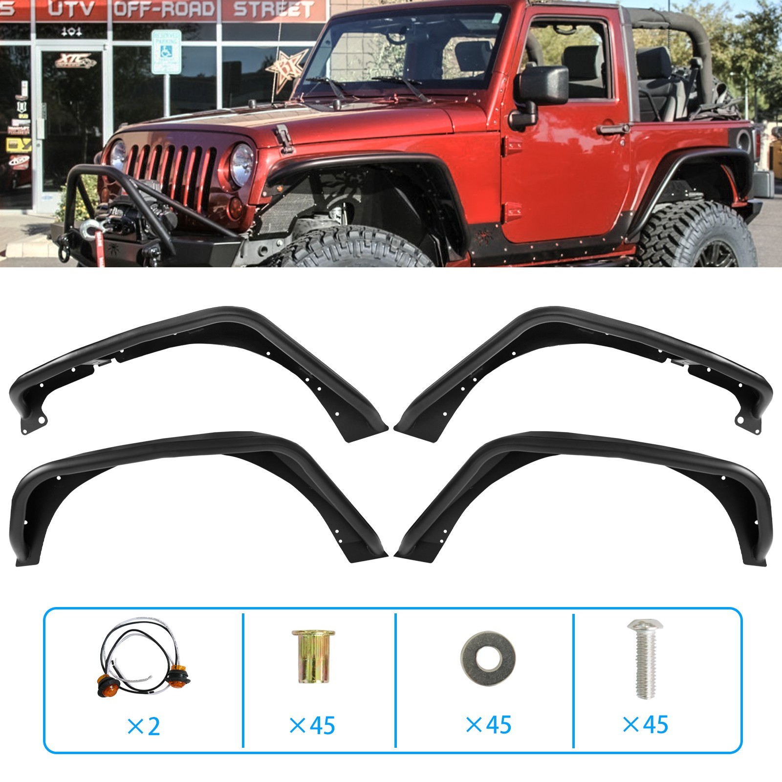4PCS Metal Tubular Fender Flares For 2007-2018 Jeep Wrangler JK 2/4 Doors