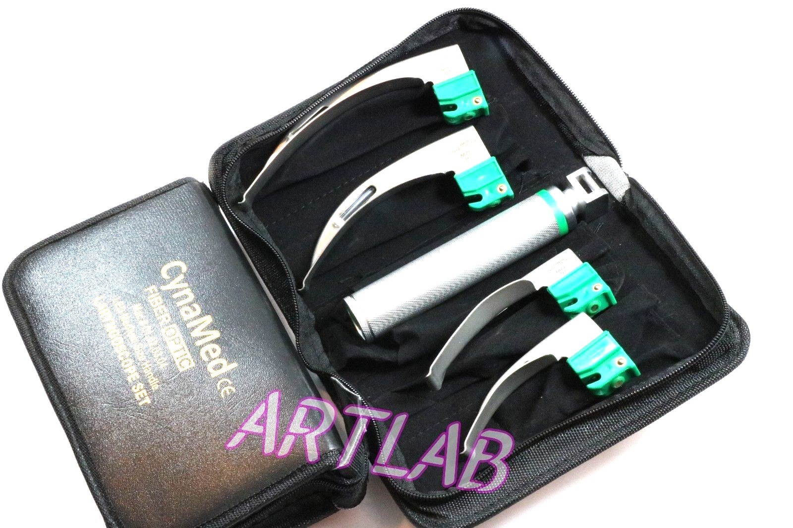 FIBER-OPTIC LARYNGOSCOPE SET OF 4 INTUBATION BLADES 1,2,3,4 + MEDIUM HANDLE