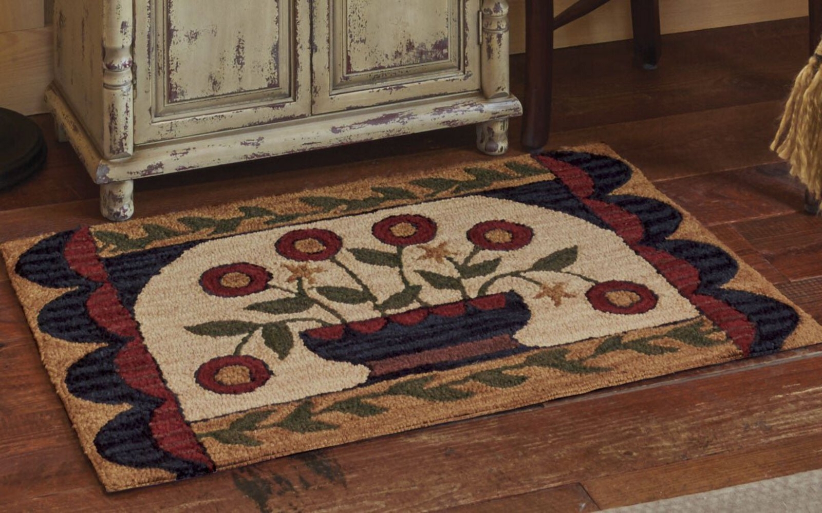 Primitive/Farmhouse Flower Basket Hooked Rug - 24" X 36"