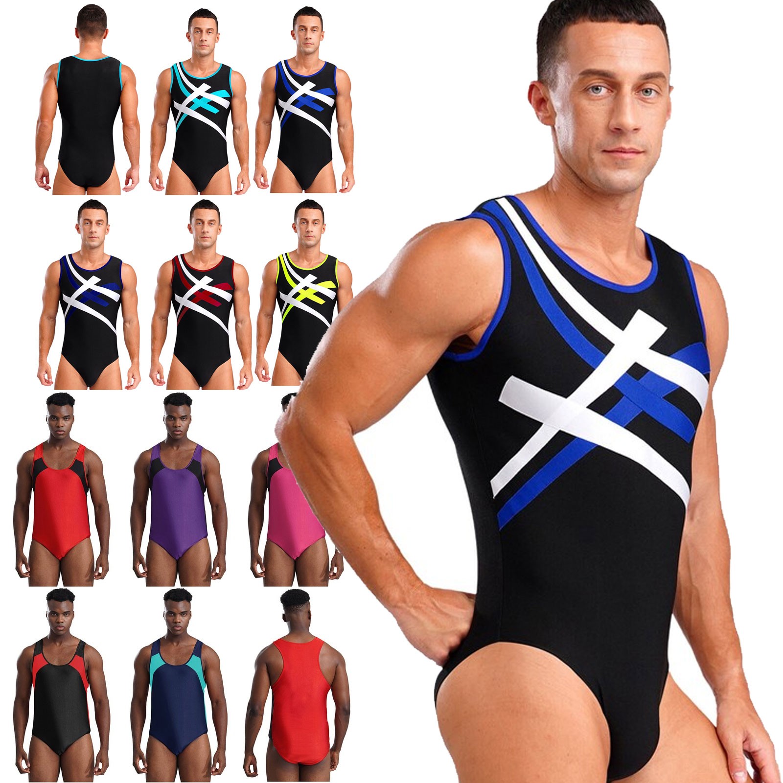 US~ Men's Sleeveless Tank Bodysuit Gymnastics Athletic Leotard Wrestling Singlet
