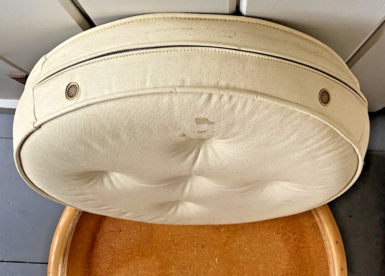 MCM Stacked 9 Band Bent Rattan Bamboo Ottoman Footstool Cushion Vtg Mid-Century