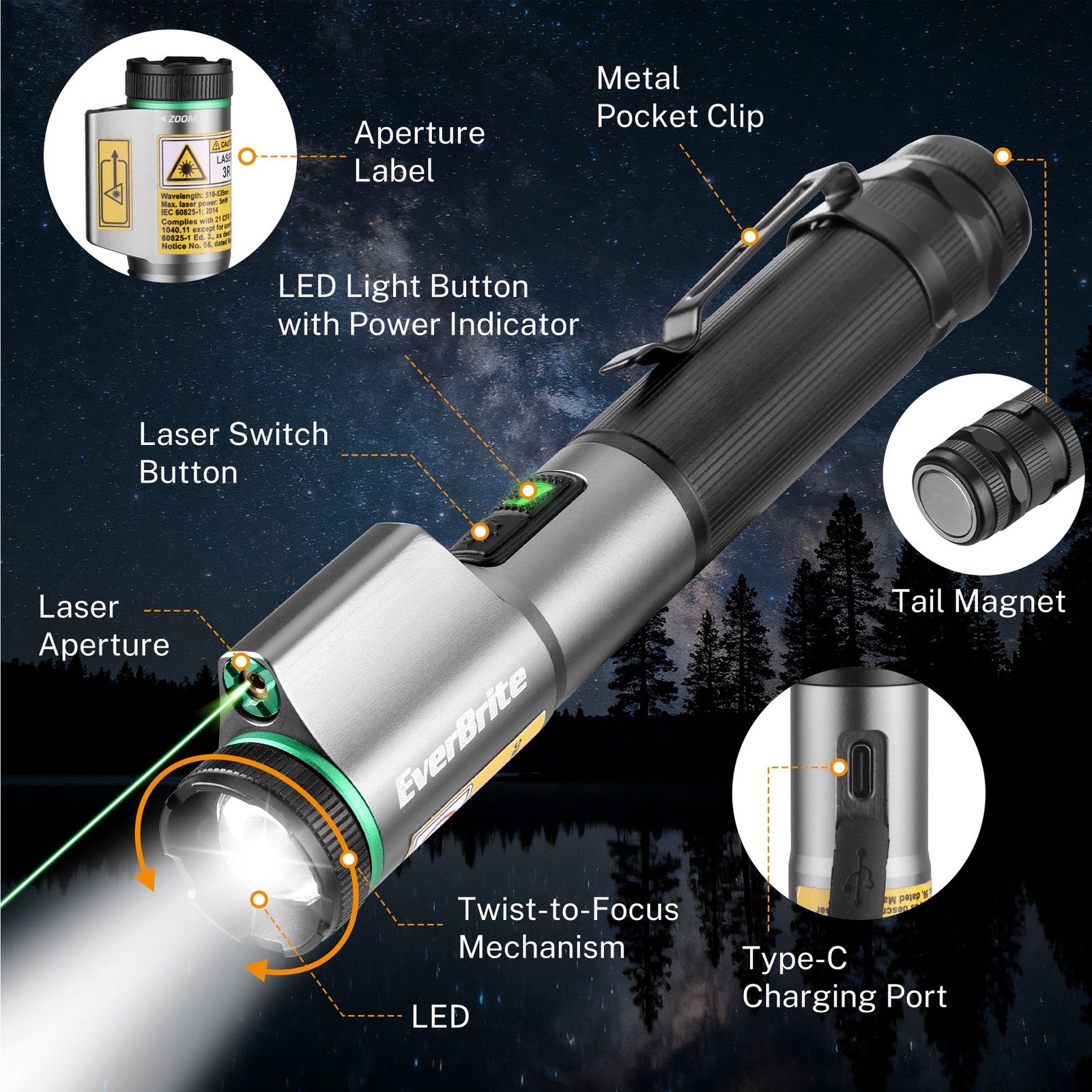 EverBrite Rechargeable EDC Flashlight with White Light and Green Beam 500 Lumens