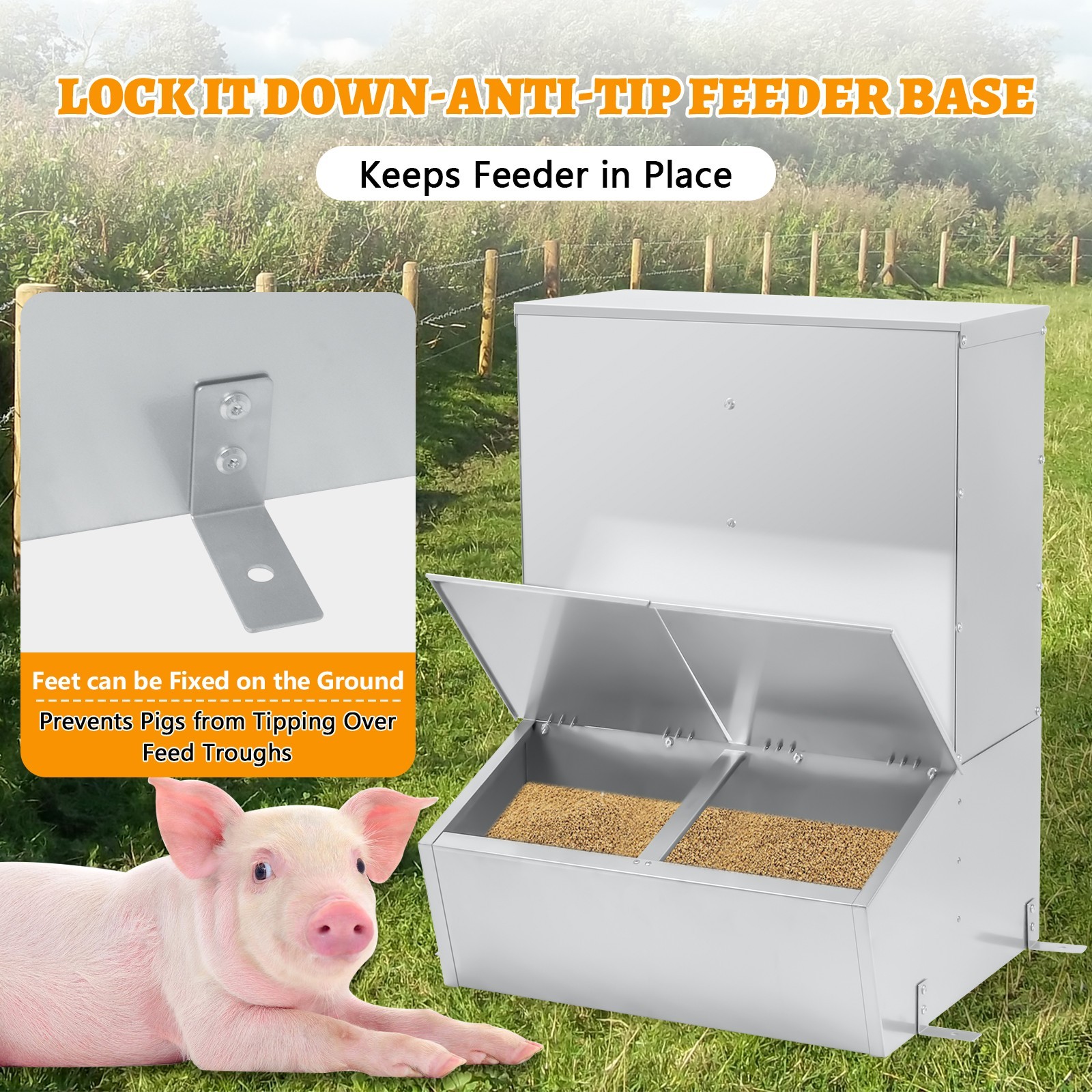 Hog Feeder,3 Bushel Double Door Automatic Pig Feeder,Galvanized Steel Pig Trough