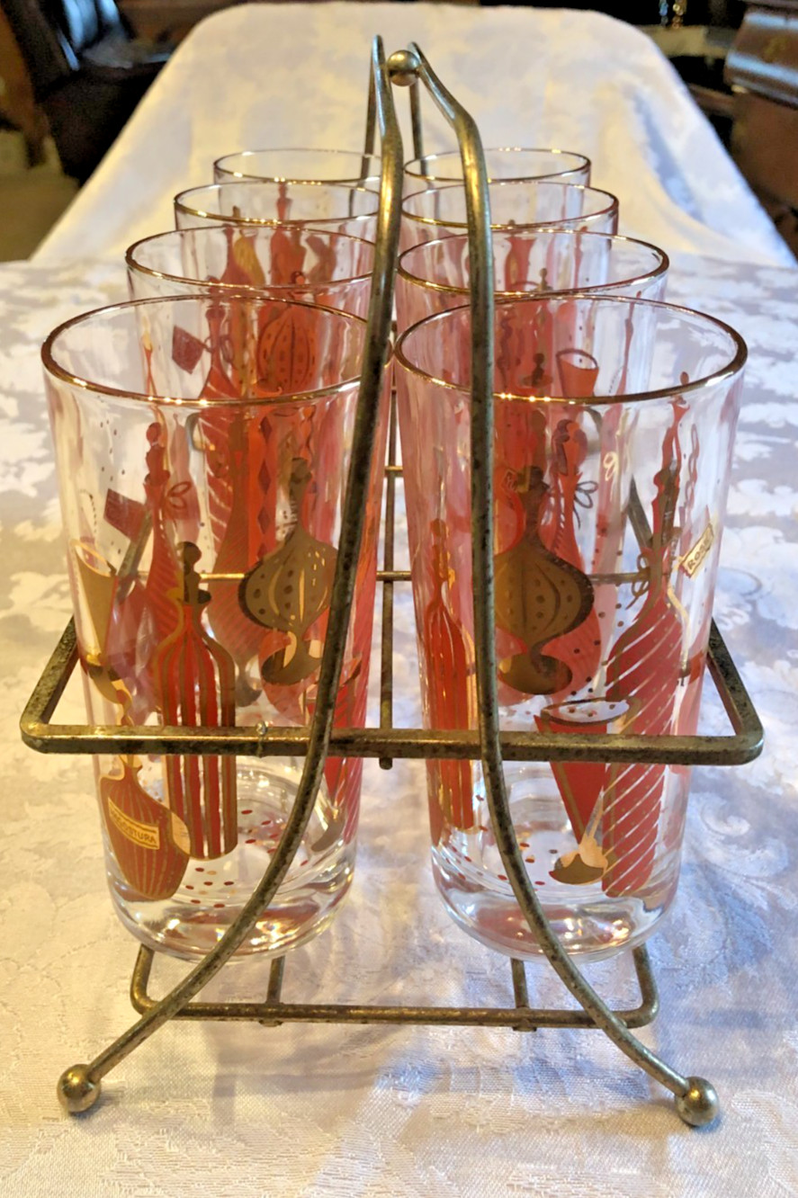 MCM Gay Fad Bordeaux Barware Highball Glasses 5.5” Set Of 8 in Carrier Caddy