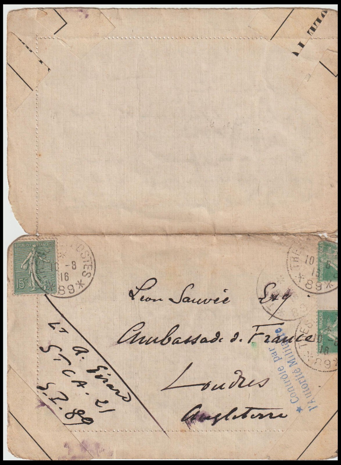 MILITARY 1916 FRANCE TO GB LETTER CARD (JF)