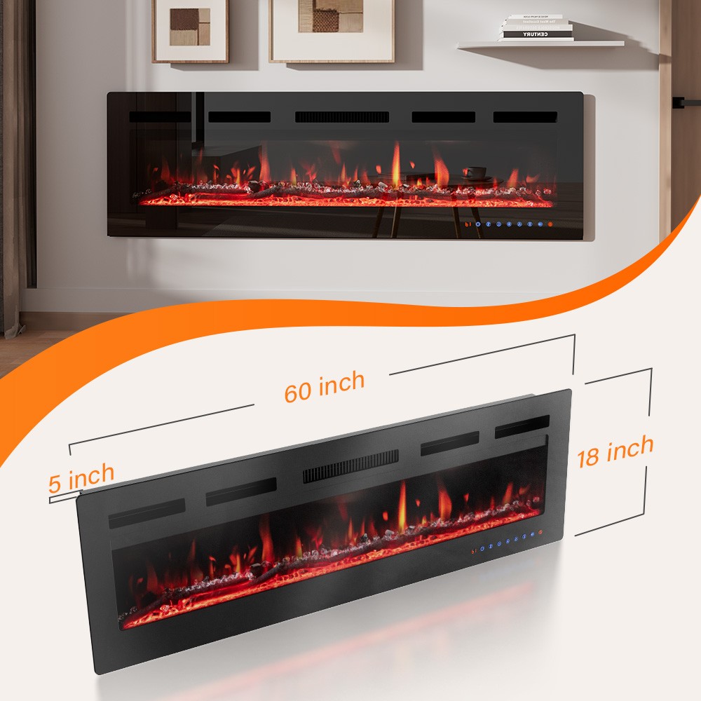 60'' Electric Fireplace Wall Mounted Heater with Remote/Adjustable Flame/Timer