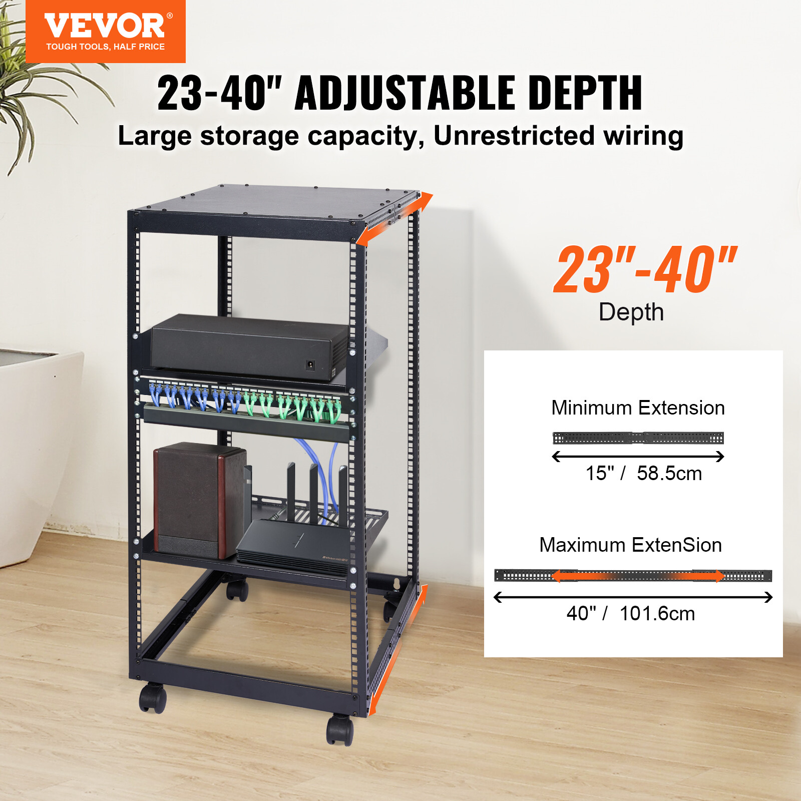 VEVOR 20U 4 Post Open Frame Server Rack Network Enclosure 23''-40'' Adjustable