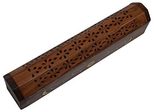 Coffin Style Wood Incense Burner Holder with Sun and Moon Inlays for Incense Sti