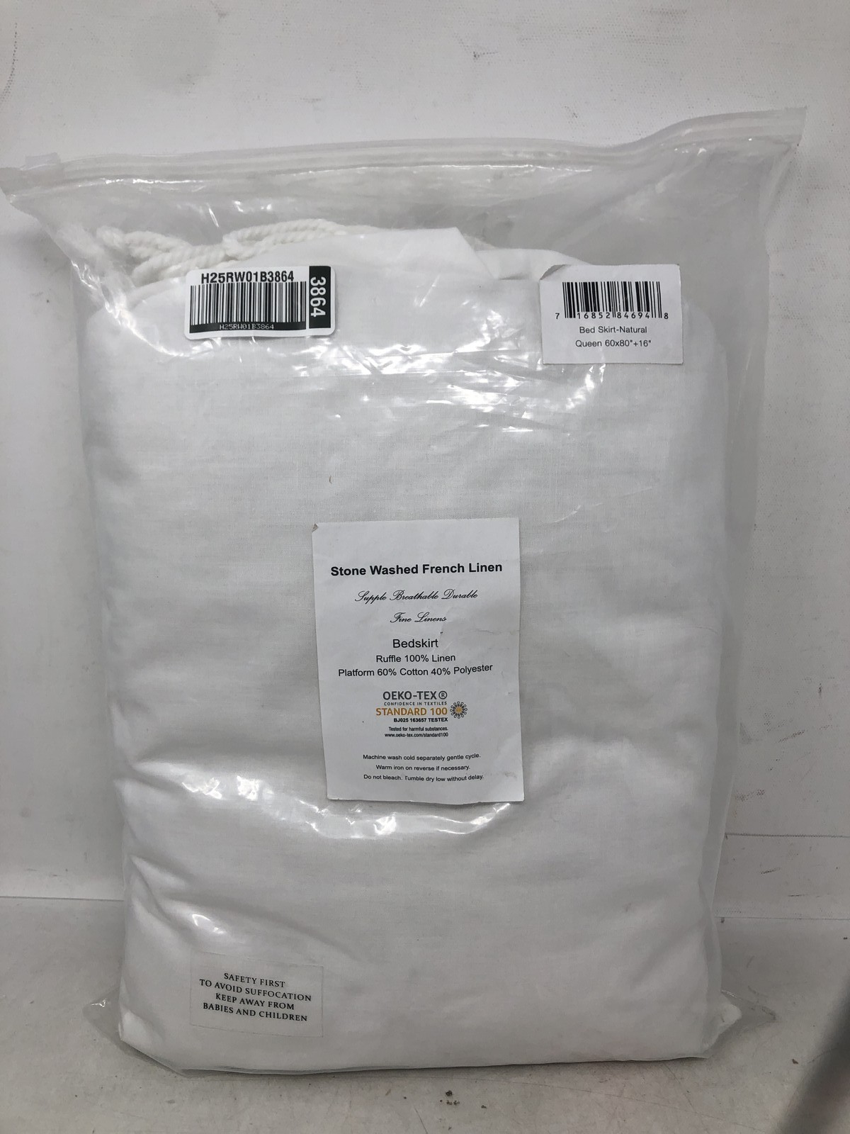 Meadow Park Washed Linen BedSkirt, Queen Size 60" W x 80" L, Drop 16",Natural