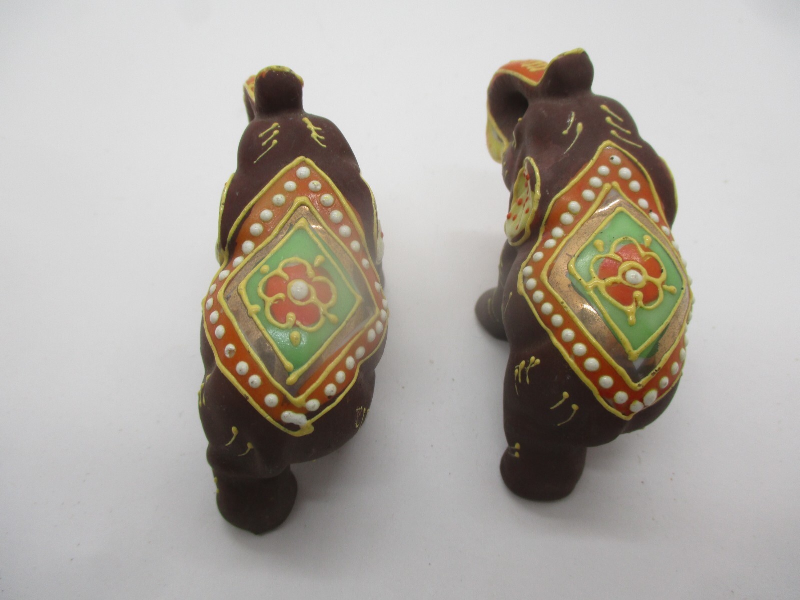 2 Small Brown Ceramic Elephants Ornately Decorated
