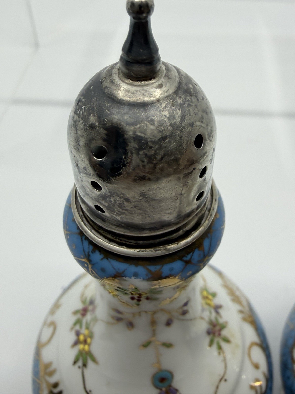 Antique Ornate Porcelain China Salt And Pepper Shakers Sterling Silver