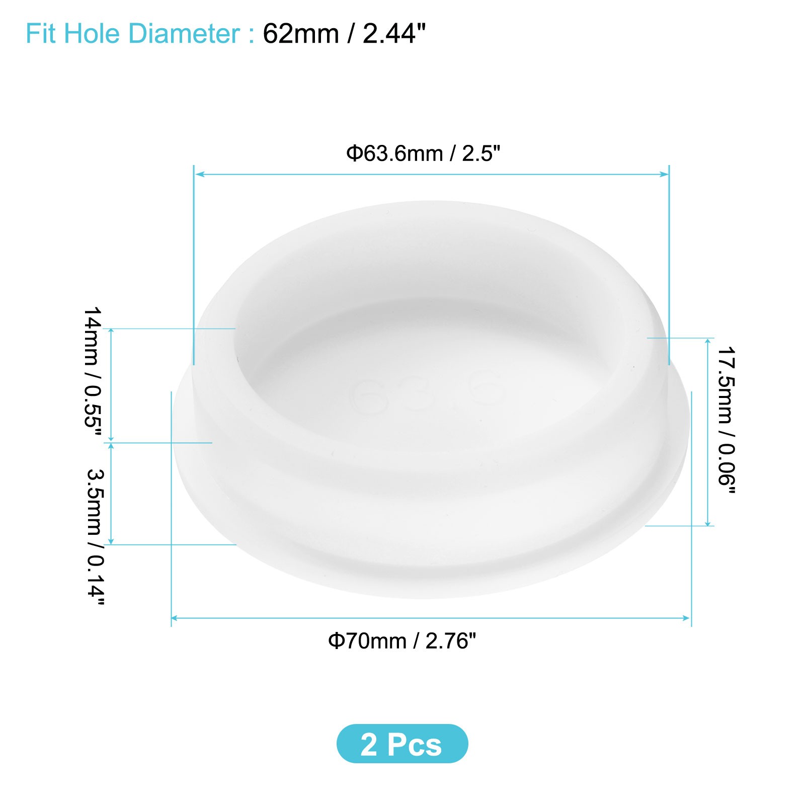 2Pcs Silicone Hole Plug, Round Rubber Stoppers for 62mm/2.44" Hole, White
