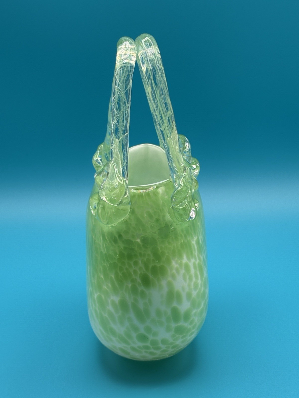 Vintage Hand Blown Art Glass Basket Green Controlled Bubble Murano Style Vase