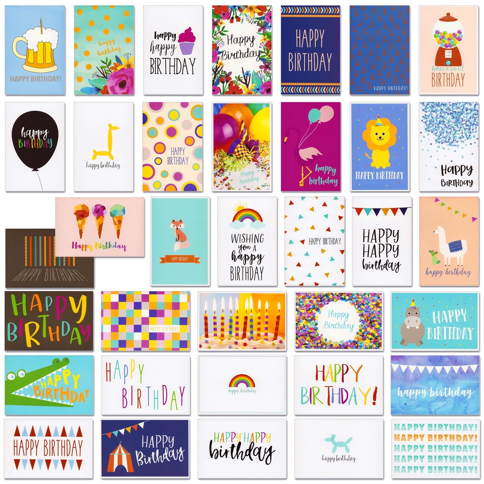 36 Pack Assorted Birthday Card Set with Envelopes, Bulk (4x6 In, Blank Inside)