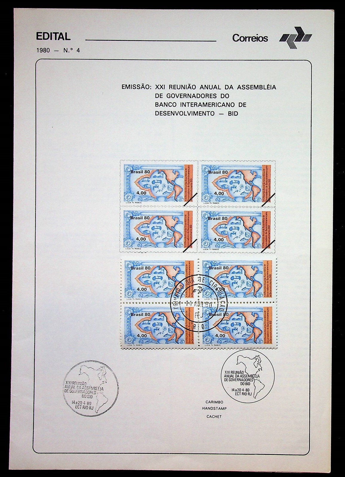 Inter-American Bank Of Development Brazil 1980 Block of 4 Stamps On Folder