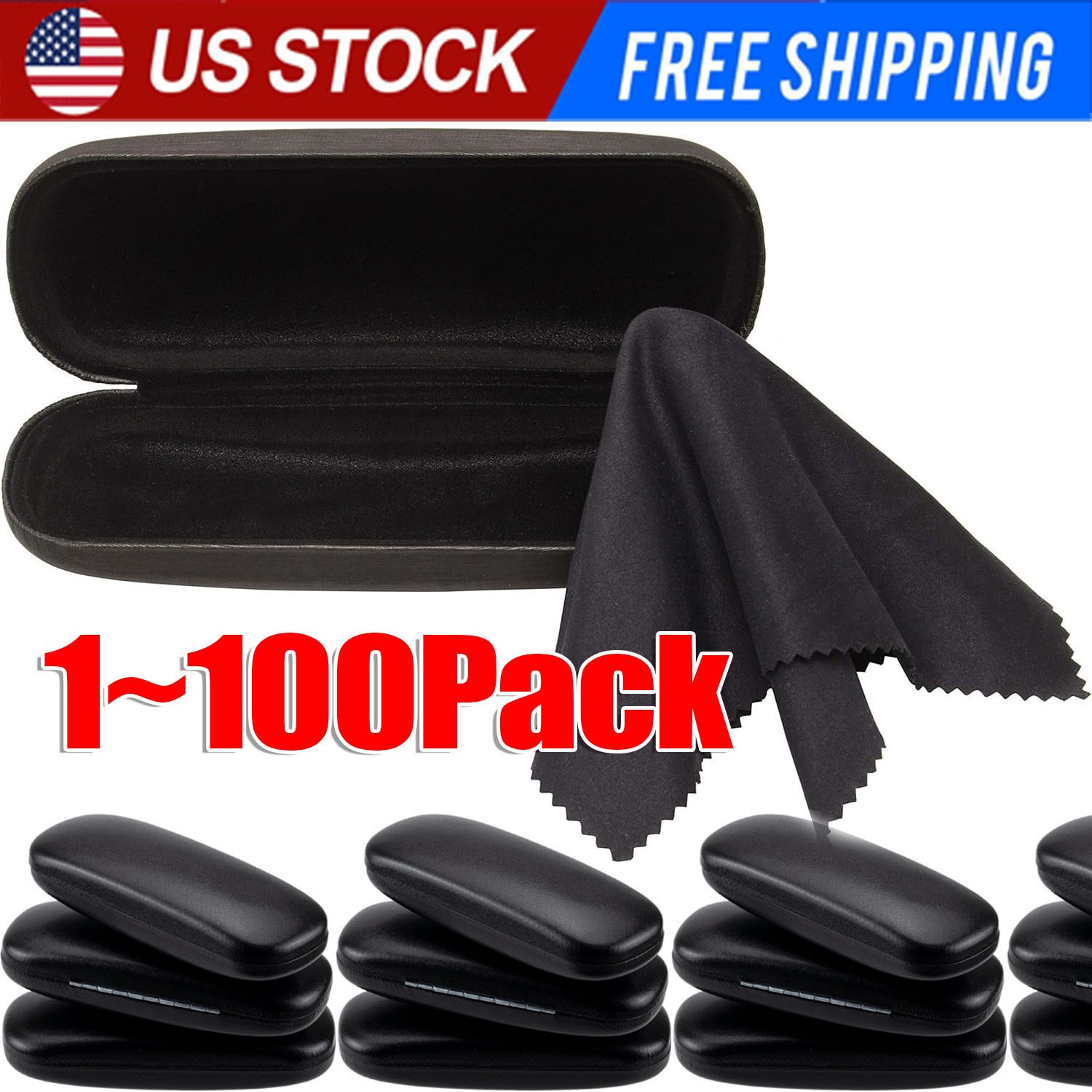 NEW Clam Shell Hard Eyeglasses PU Glasses Case Black w/Microfiber Cleaning Cloth